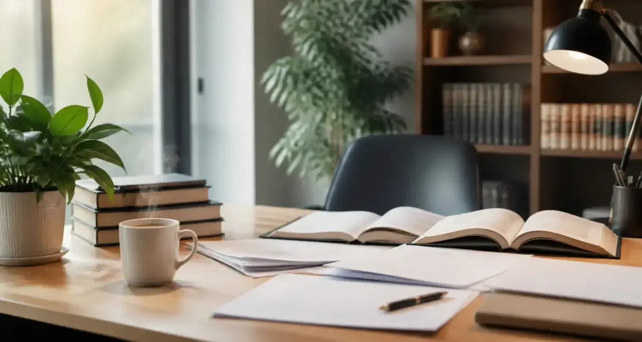 Bureau d'avocate avec des livres juridiques et une plante verte