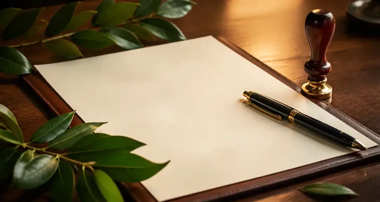 Contrat de travail avec stylo et tampon sur un bureau, entouré de feuilles de laurier