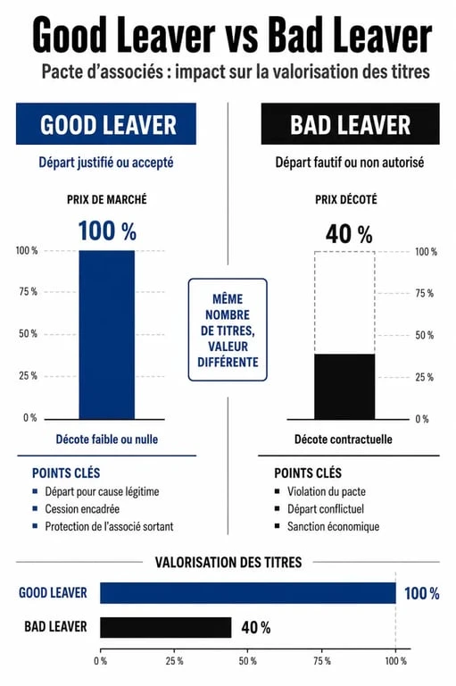 Infographie comparative entre Good Leaver et Bad Leaver pour comprendre la clause de bad leaver dans un pacte d'associés
