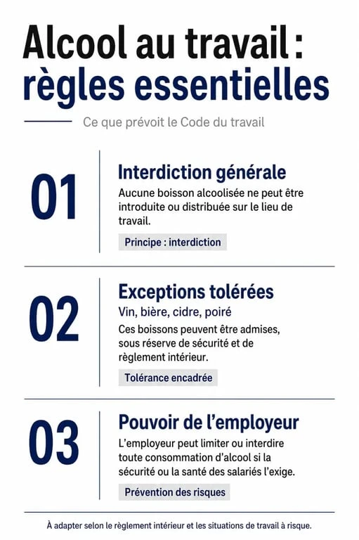Infographie récapitulative des règles sur l'alcool autorisé au travail et les exceptions légales