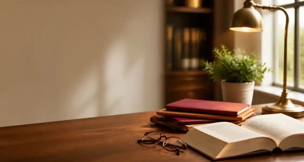 Bureau lumineux d'un conseil juridique avec un ouvrage de référence ouvert, des dossiers bordeaux et ocre et une lampe en laiton