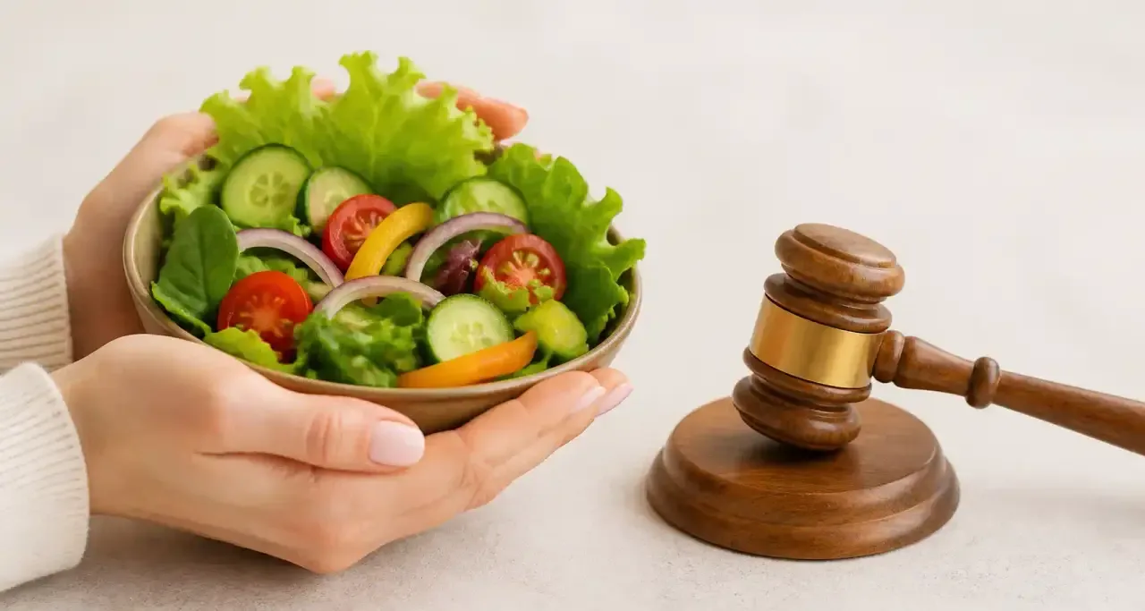 Mains présentant une salade fraîche à côté d'un marteau de juge, clin d'œil au nom du magazine