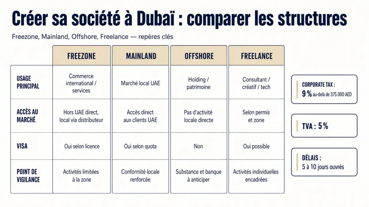 Infographie création société dubai : comparaison Freezone, Mainland, Offshore et Freelance