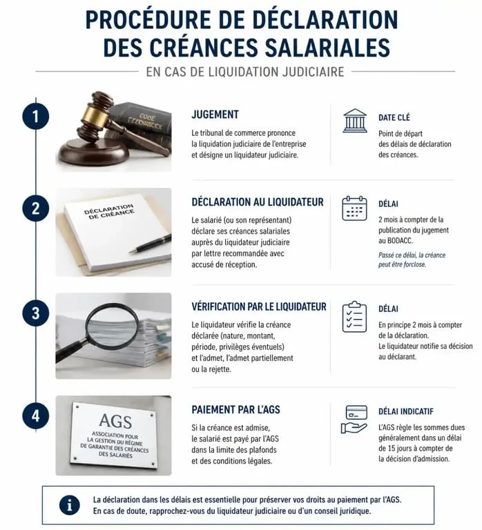 Infographie des étapes de la prime de licenciement en cas de liquidation judiciaire