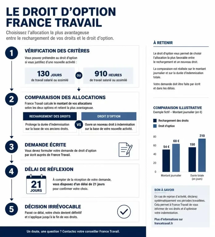 Infographie explicative du droit d'option France Travail pour les demandeurs d'emploi