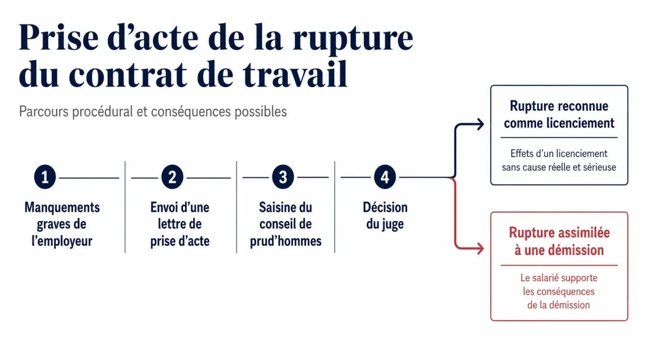Prise d'acte de la rupture du contrat de travail illustrée par une frise chronologique des étapes et des issues possibles