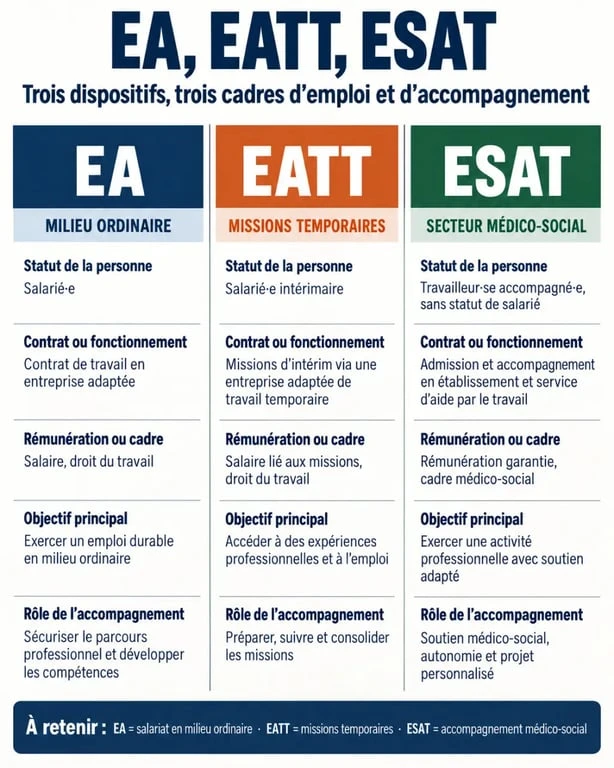 Infographie comparant l’entreprise adaptée EA, l’EATT et l’ESAT