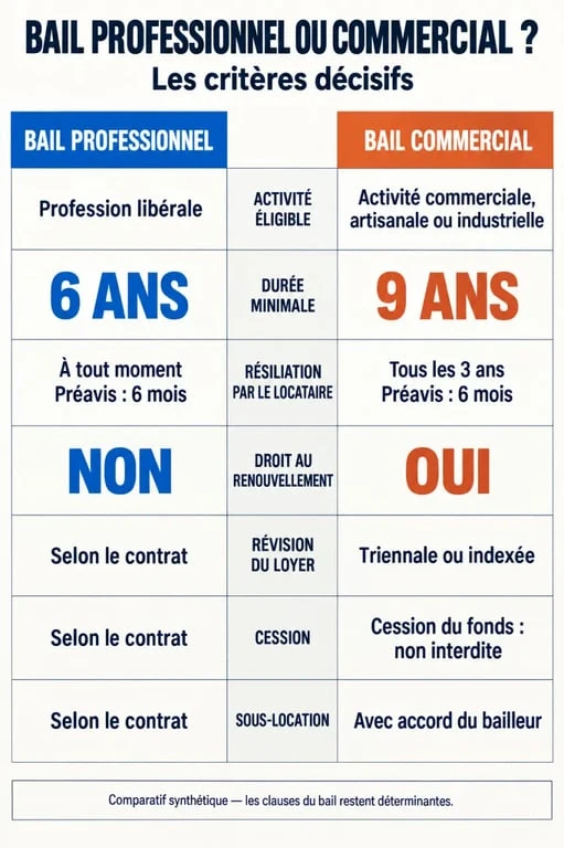 Infographie comparative du bail professionnel ou commercial selon l’activité, la durée et le renouvellement