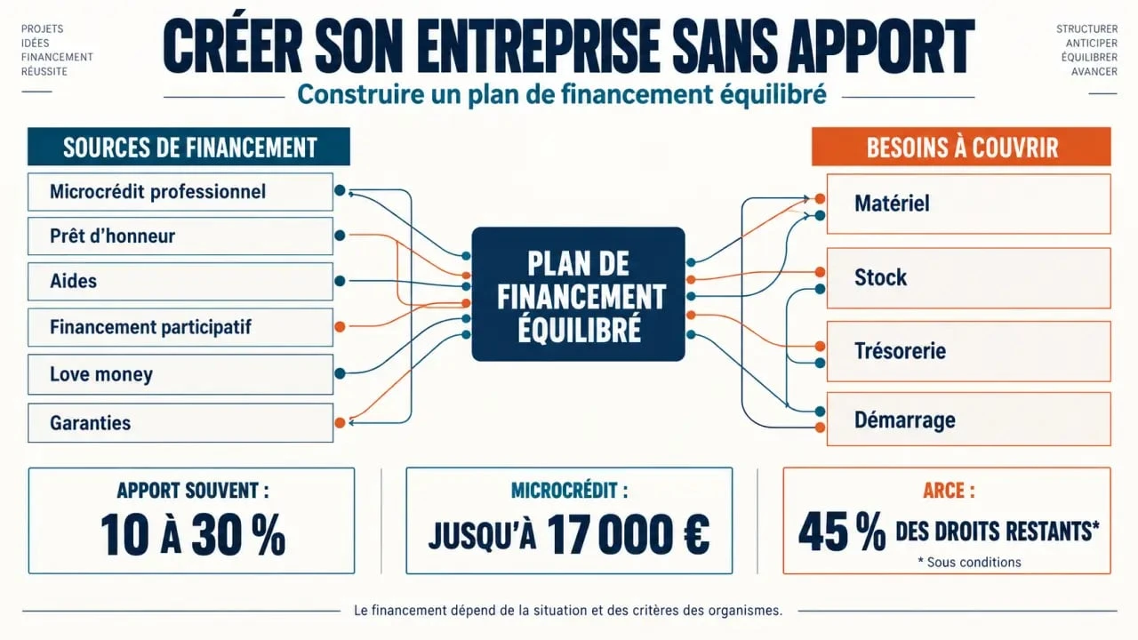 Prêt création entreprise sans apport : schéma des solutions de financement et du plan de financement