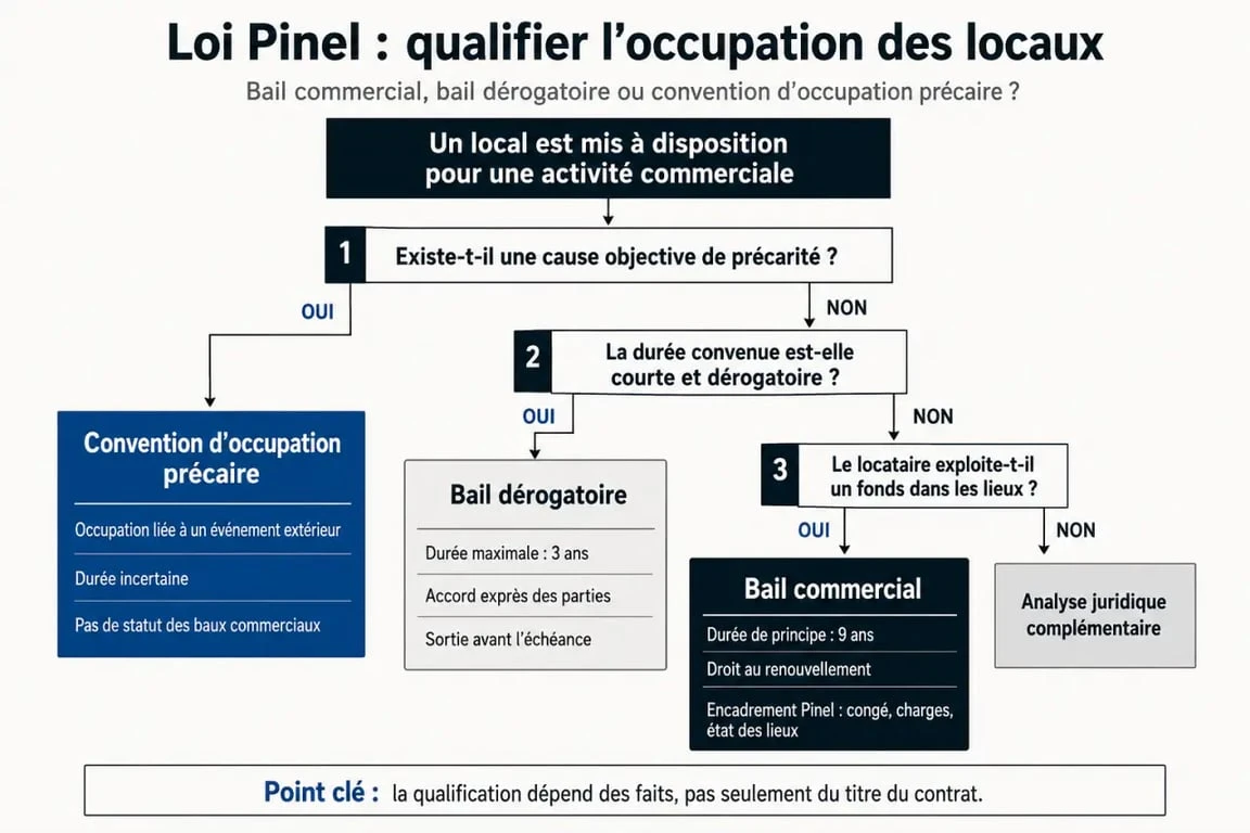 Schéma de décision pour la loi pinel bail commercial distinguant bail commercial, bail dérogatoire et convention d’occupation précaire