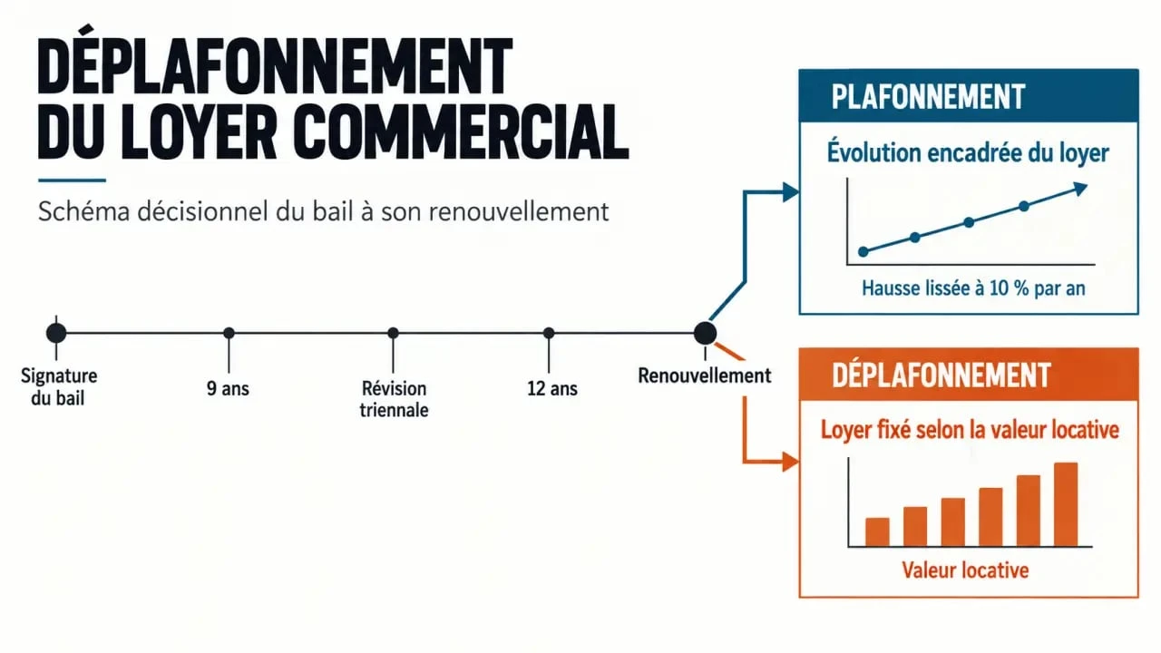 Schéma explicatif du déplafonnement loyer bail commercial entre plafonnement, valeur locative et seuils de durée