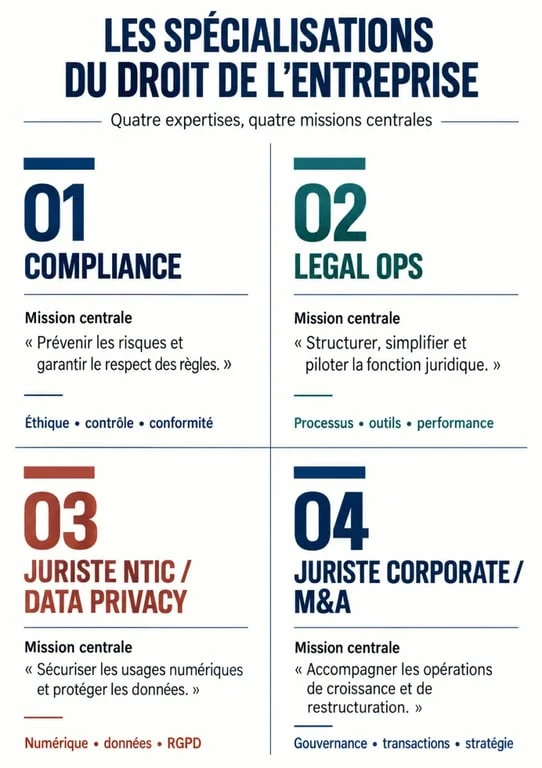 Infographie des spécialisations du droit entreprise juristesdavenir : compliance, legal ops, NTIC et corporate M&A