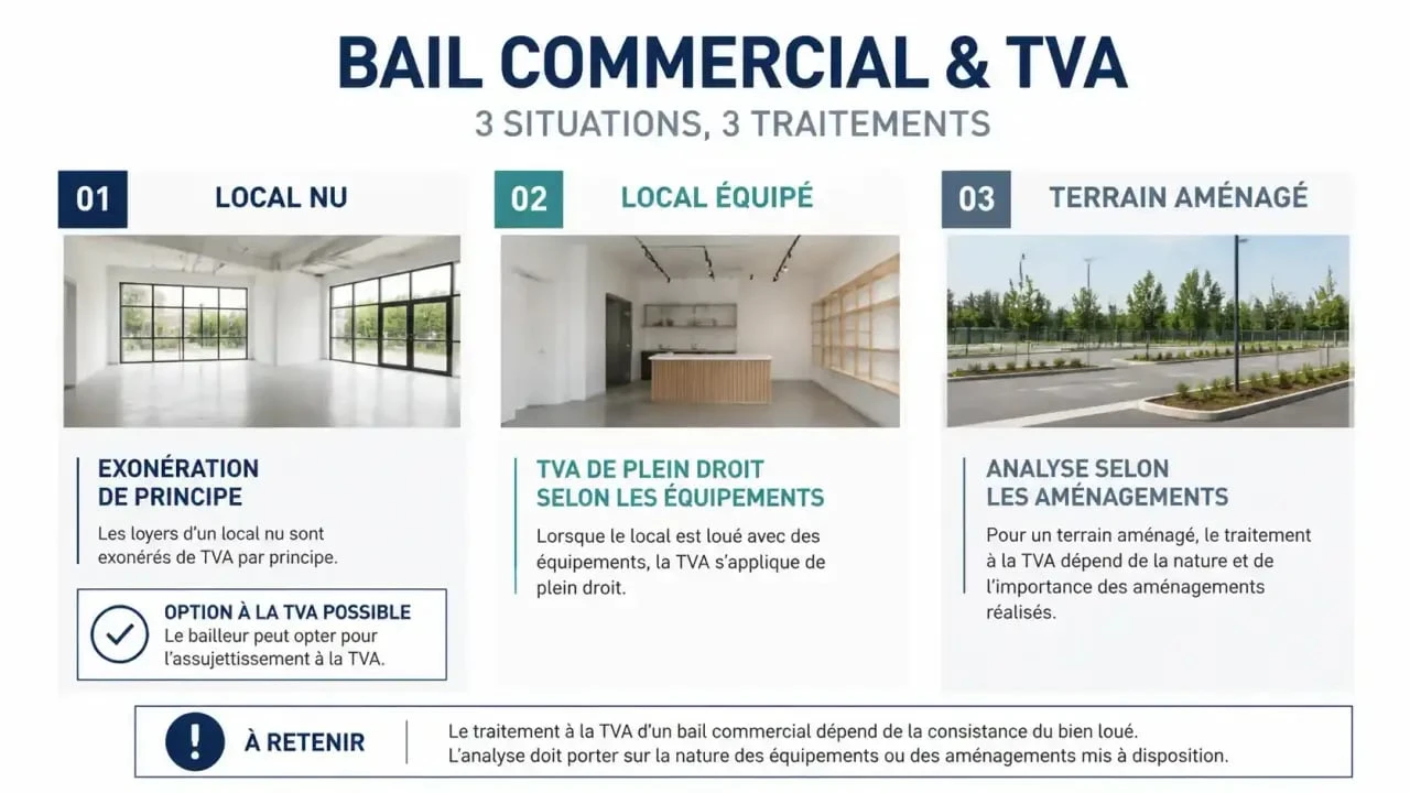 Bail commercial et TVA : comparaison entre local nu, local équipé et terrain aménagé