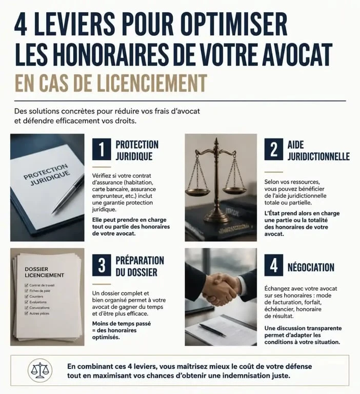 Infographie des leviers pour réduire les honoraires d'un avocat en licenciement