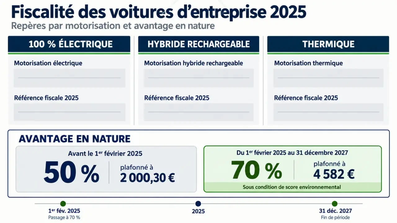 Infographie sur la fiscalité voiture électrique entreprise 2025 et l’avantage en nature