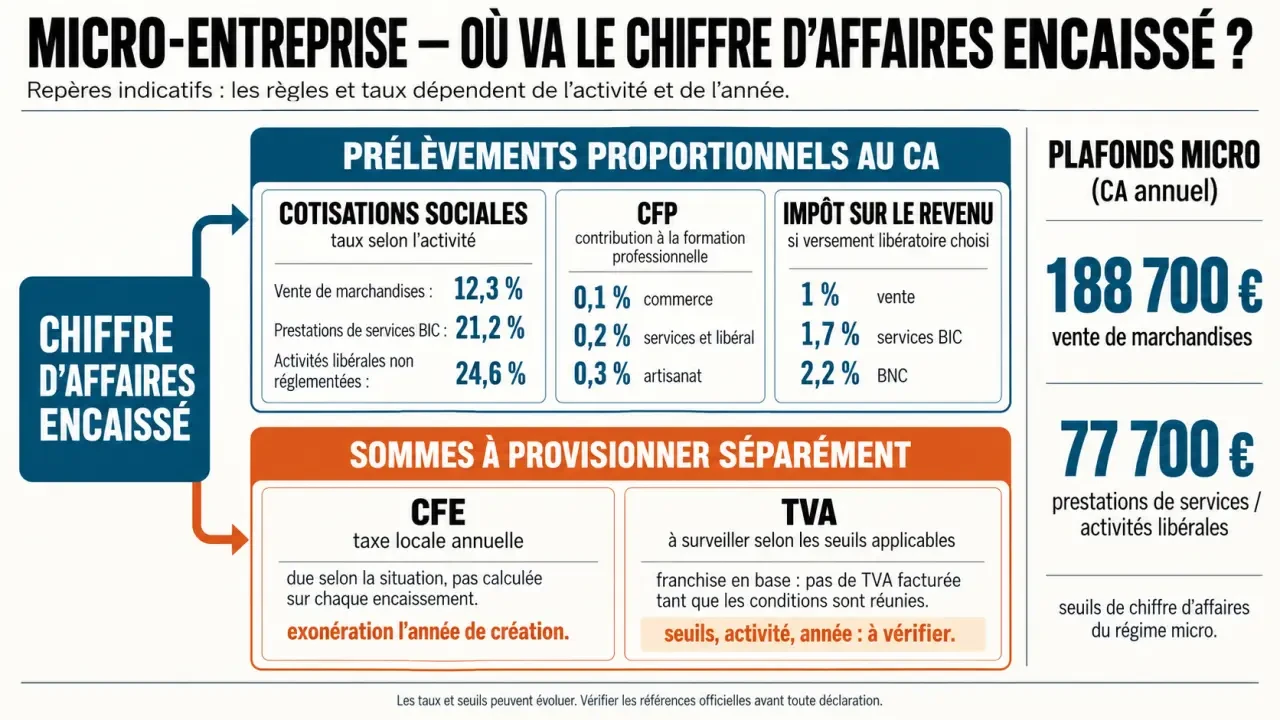 Infographie sur la taxe micro entreprise, les cotisations, l'impôt, la CFE et la TVA